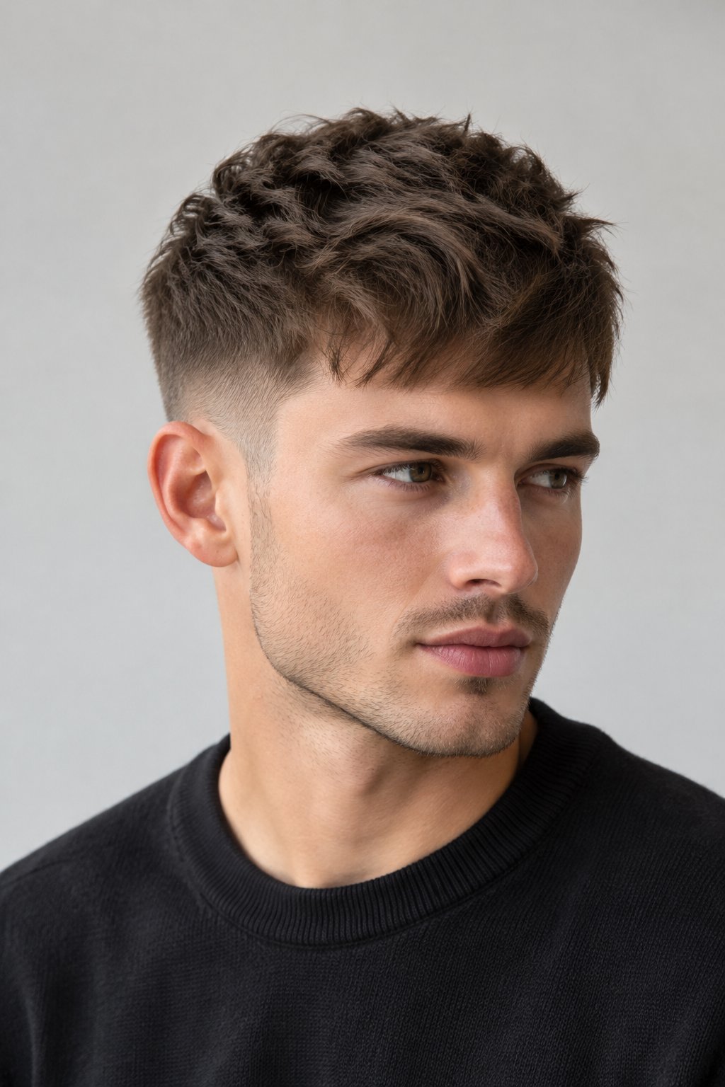 A young man with a short textured haircut against a plain background.
