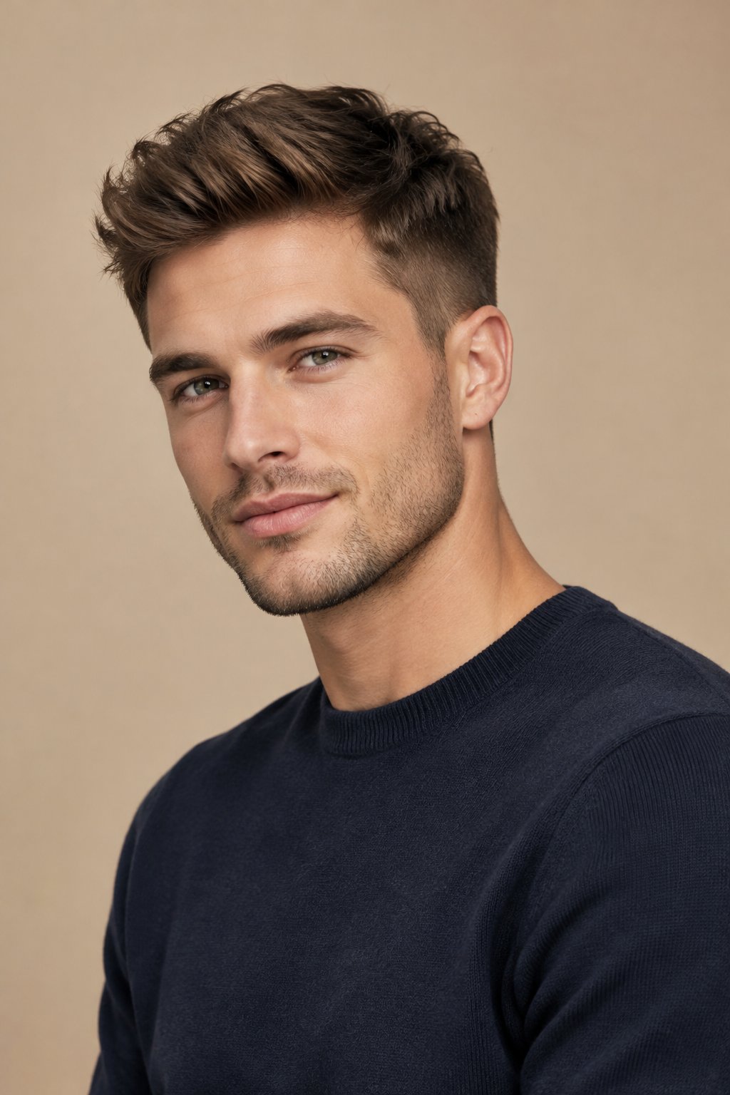 A young man poses against a plain background.