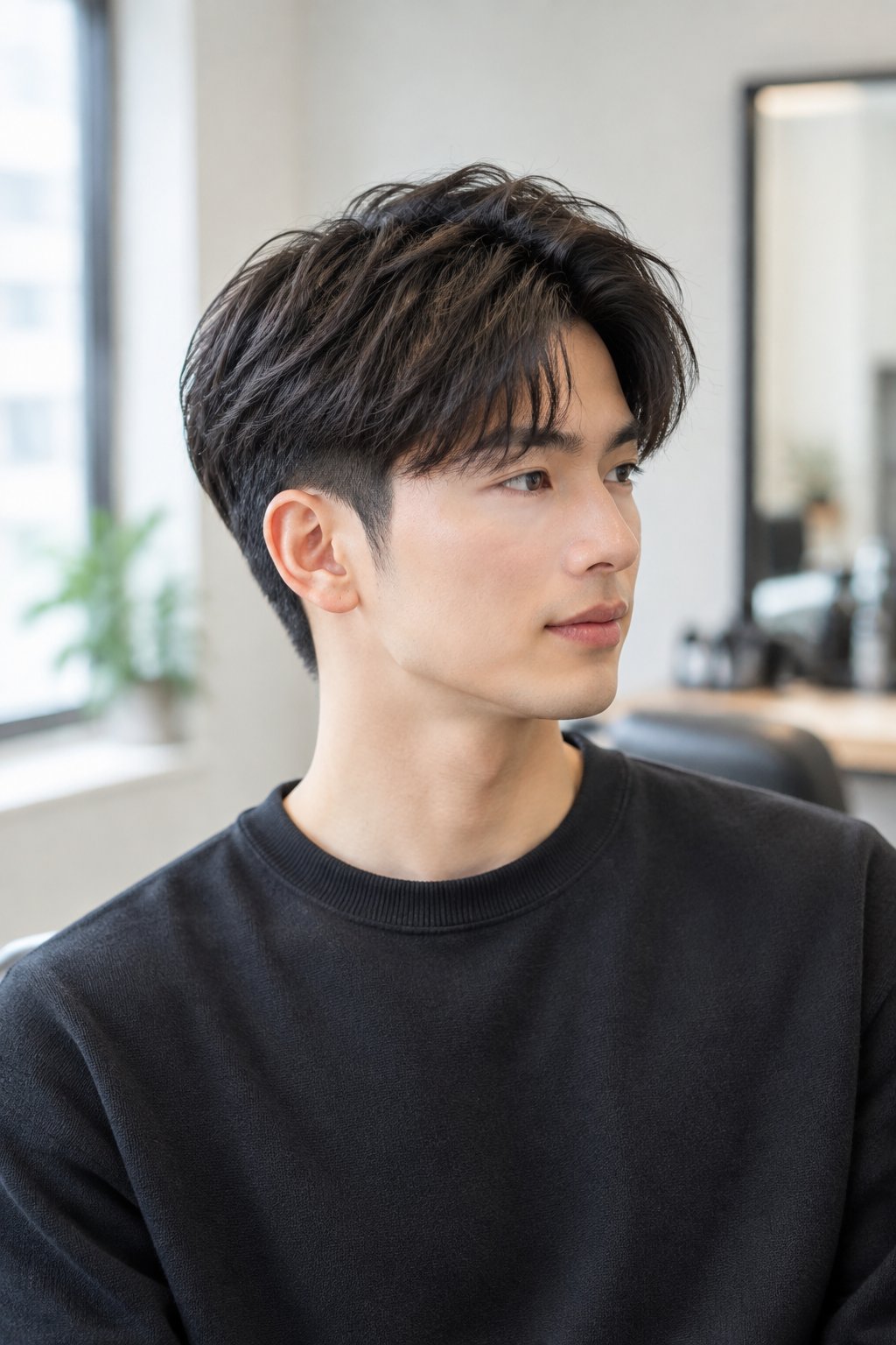A young man with a two-block haircut in a barbershop.