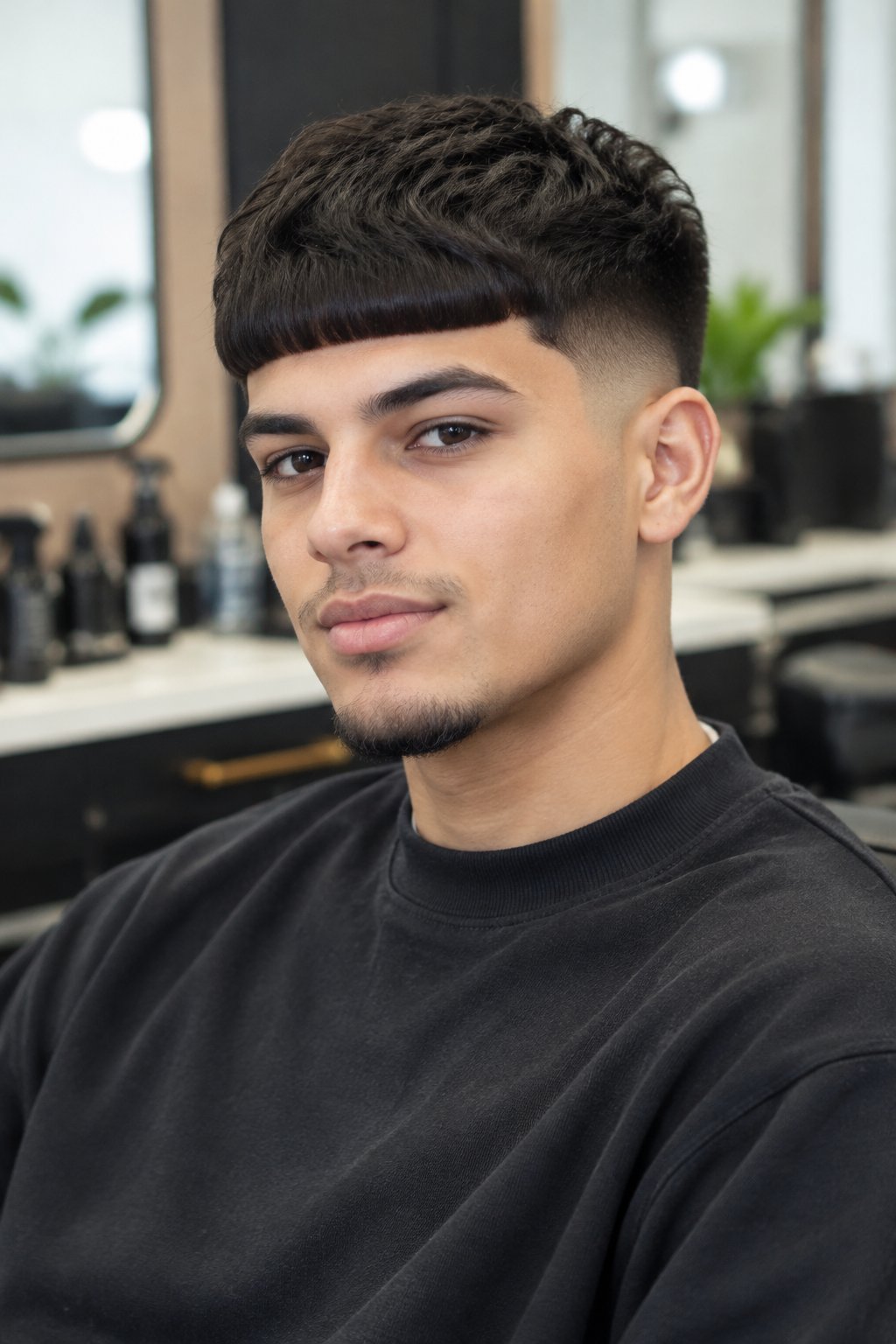 A young man sits in a barbershop.