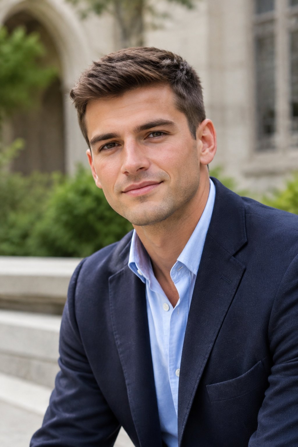 A young man with short hair stands outdoors near a stone building.