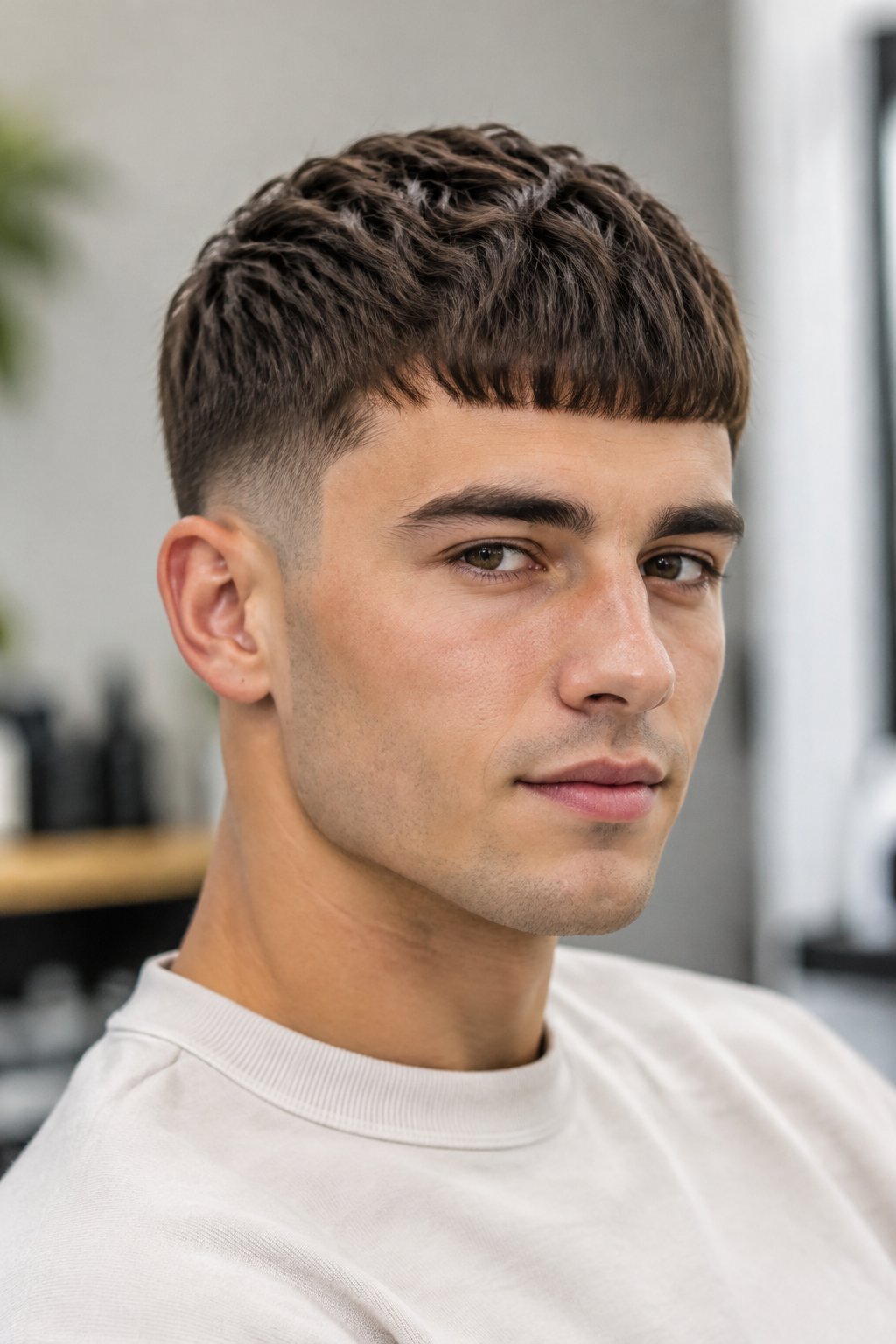 A young man with short hair looks toward the camera.