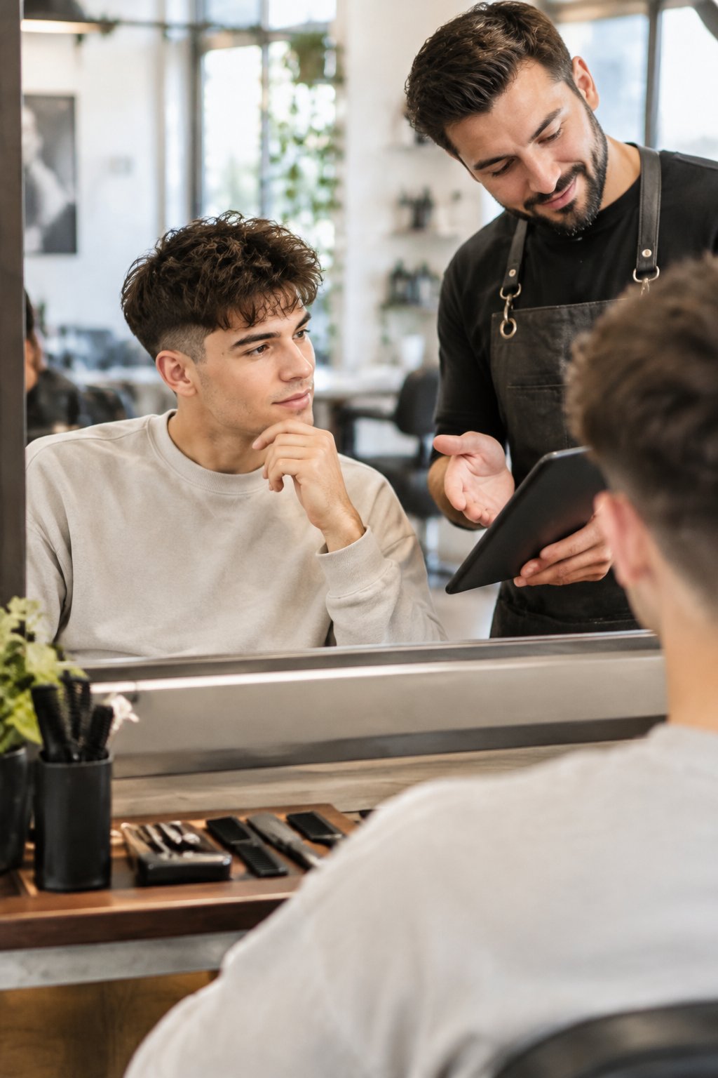 A man considers haircut options in a barbershop.