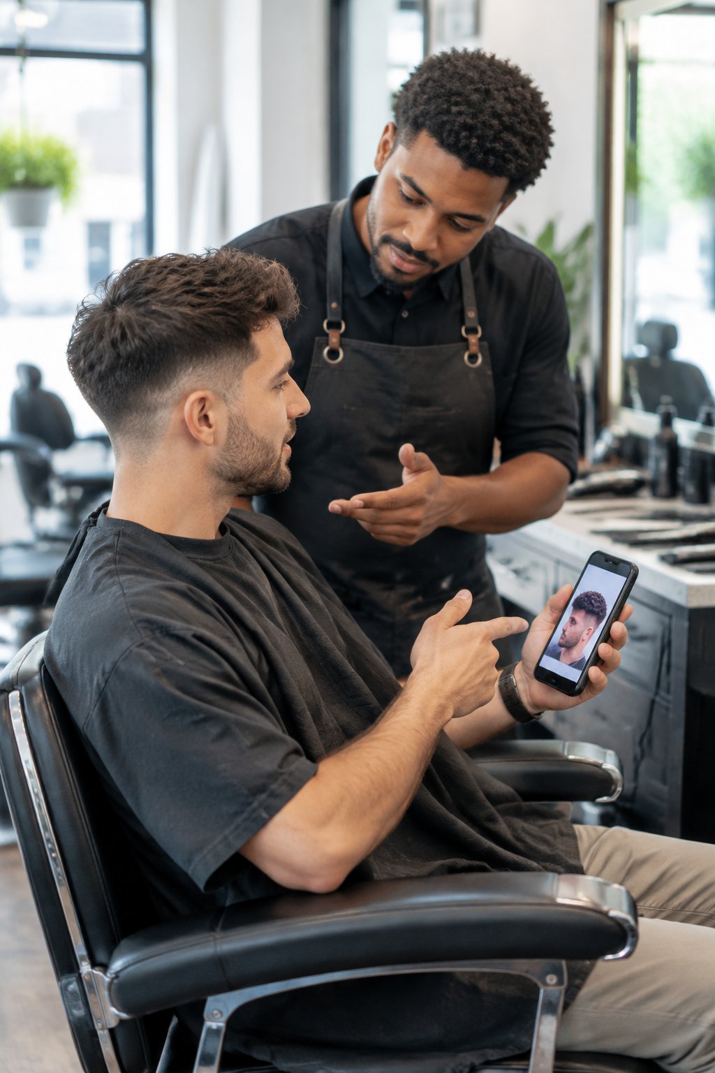 A barber and client discuss a haircut in a barbershop.