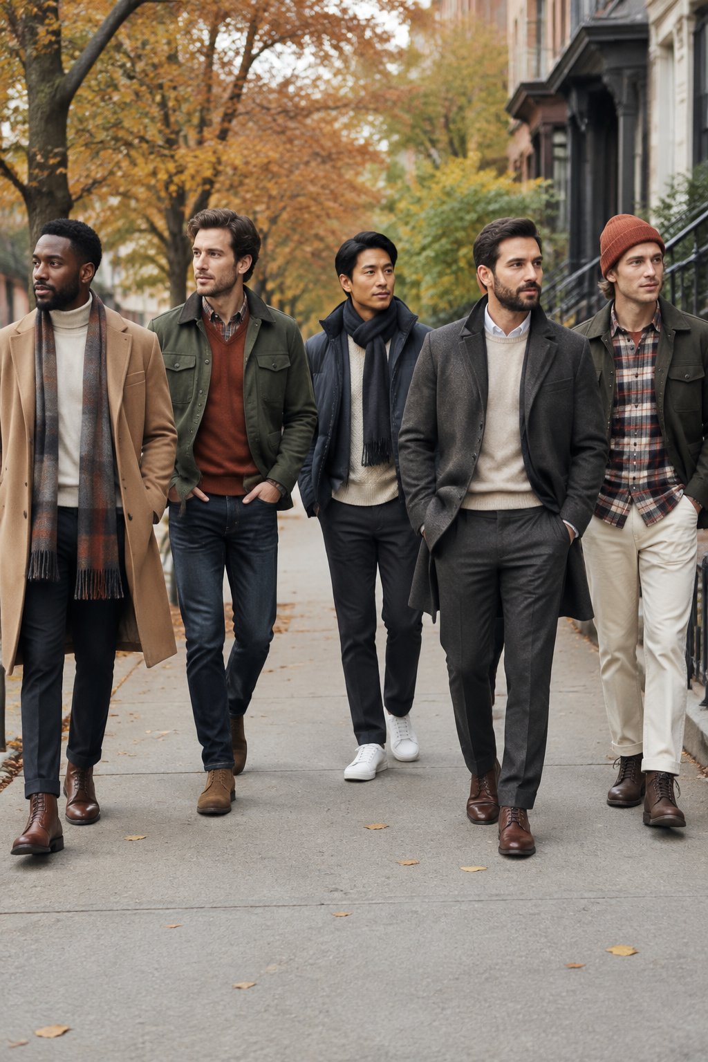 Men wearing layered autumn outfits on a city sidewalk.