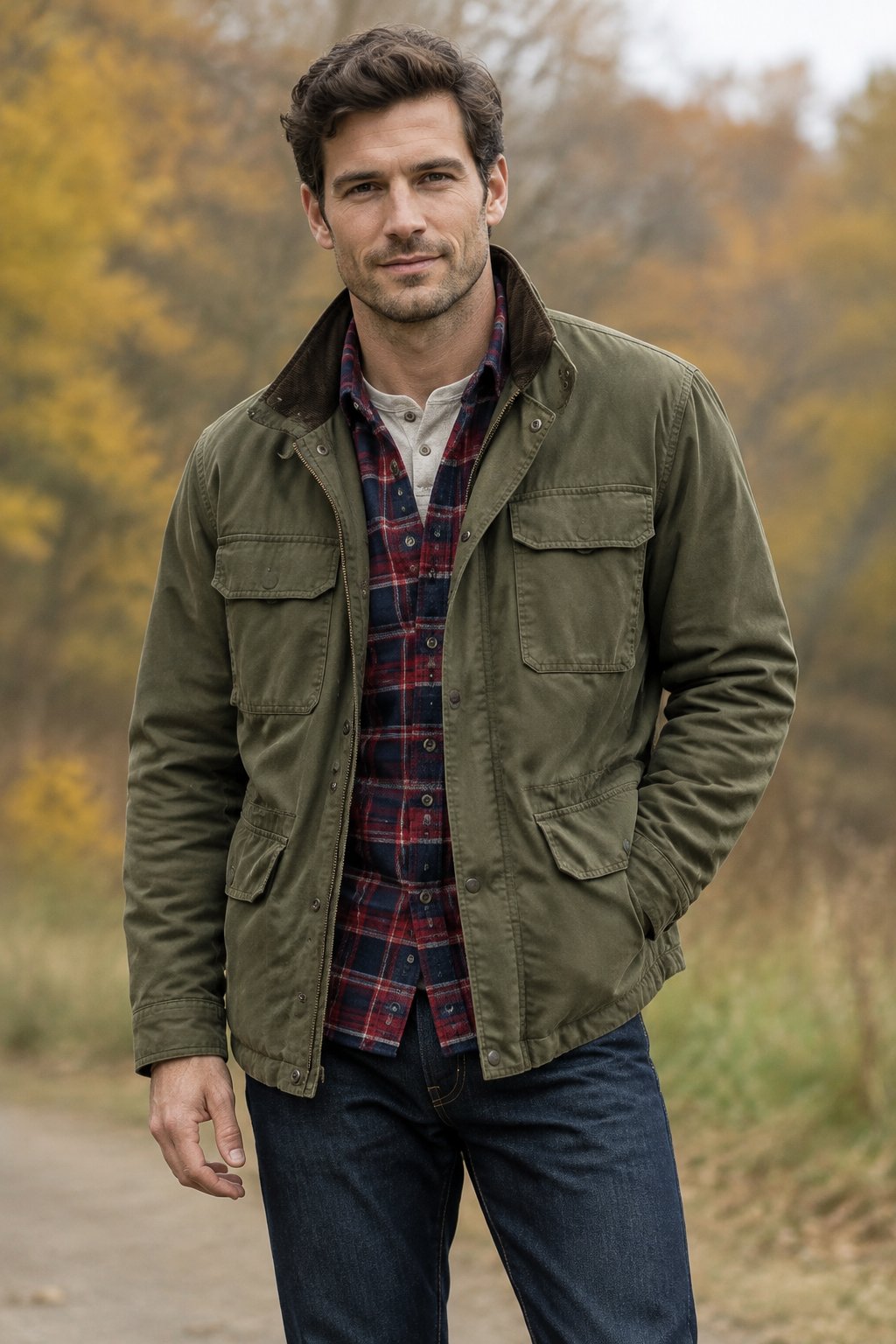 A man stands outdoors among autumn trees wearing a layered outfit.