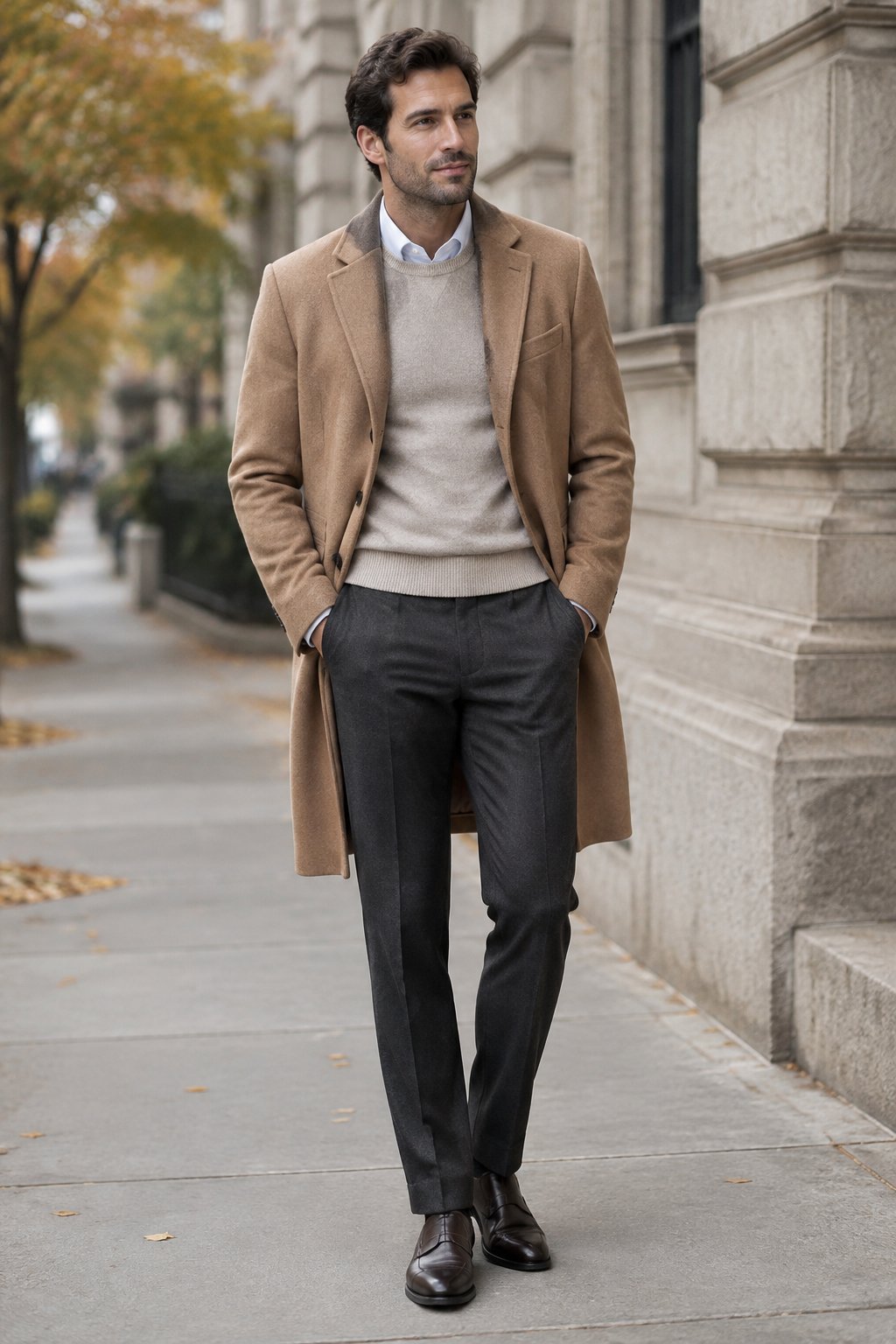 A man stands on a city sidewalk wearing a coat, sweater, shirt, and trousers.