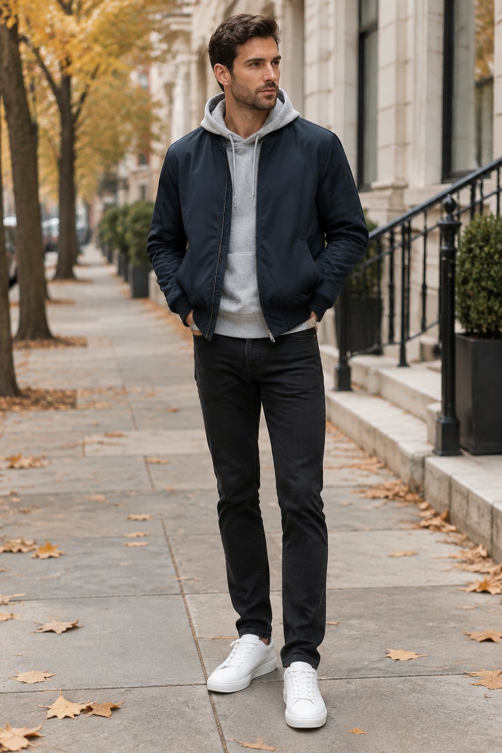 A man stands on a city sidewalk wearing a jacket, hoodie, jeans, and sneakers.