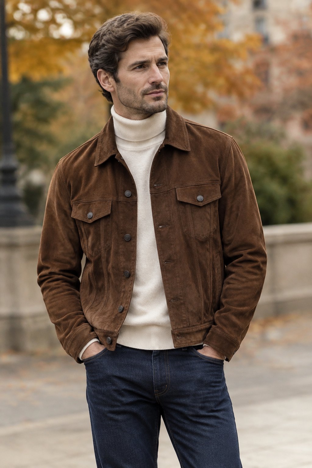 A man wears a brown jacket, cream turtleneck, and dark jeans outdoors.