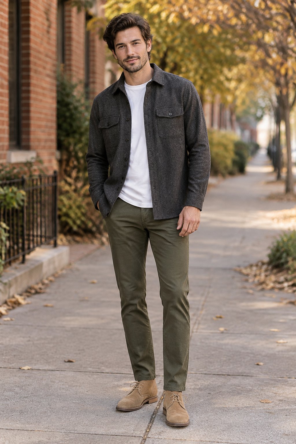 A man stands on a sidewalk with autumn trees in the background.