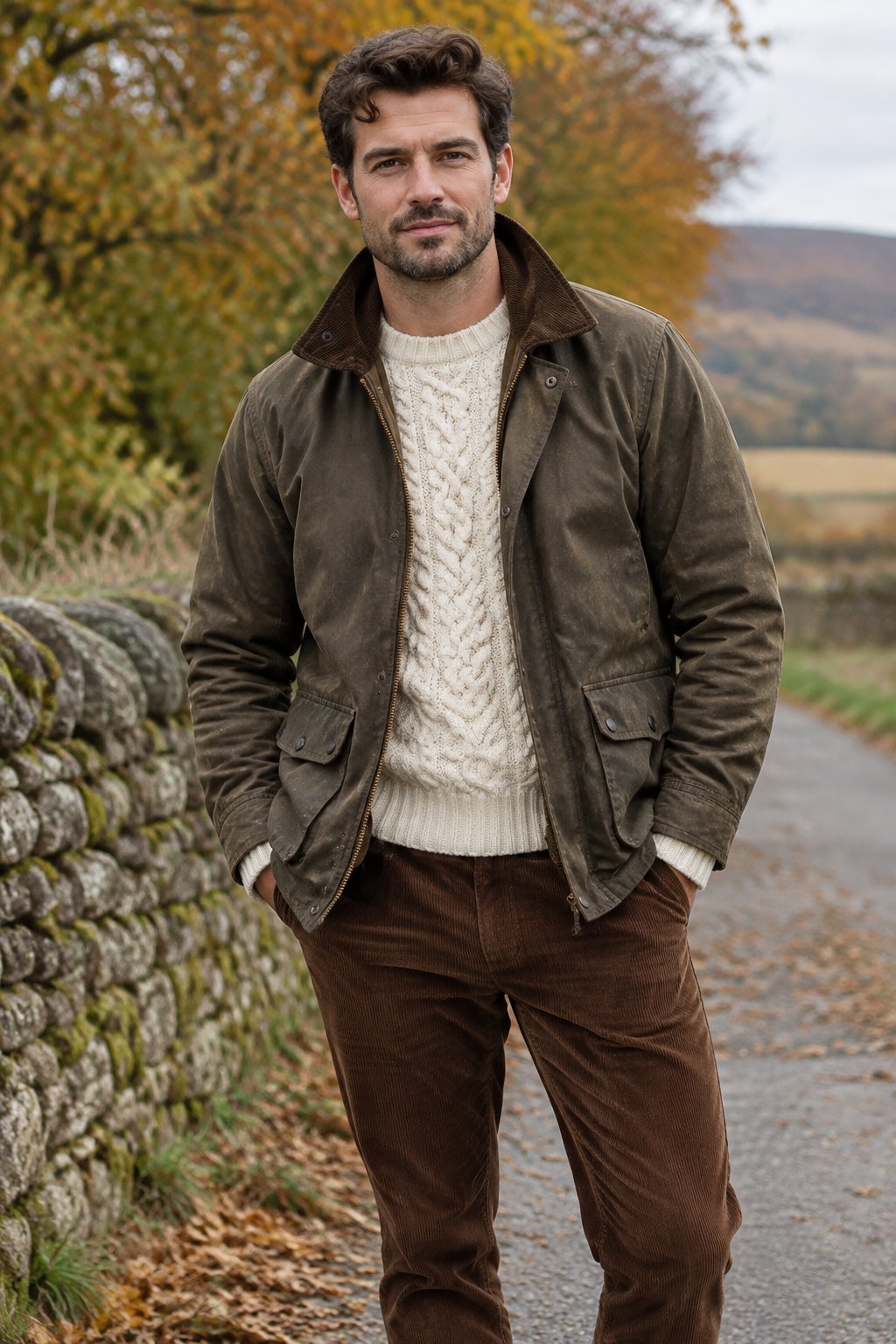 A man stands outdoors wearing a jacket, sweater, and trousers.