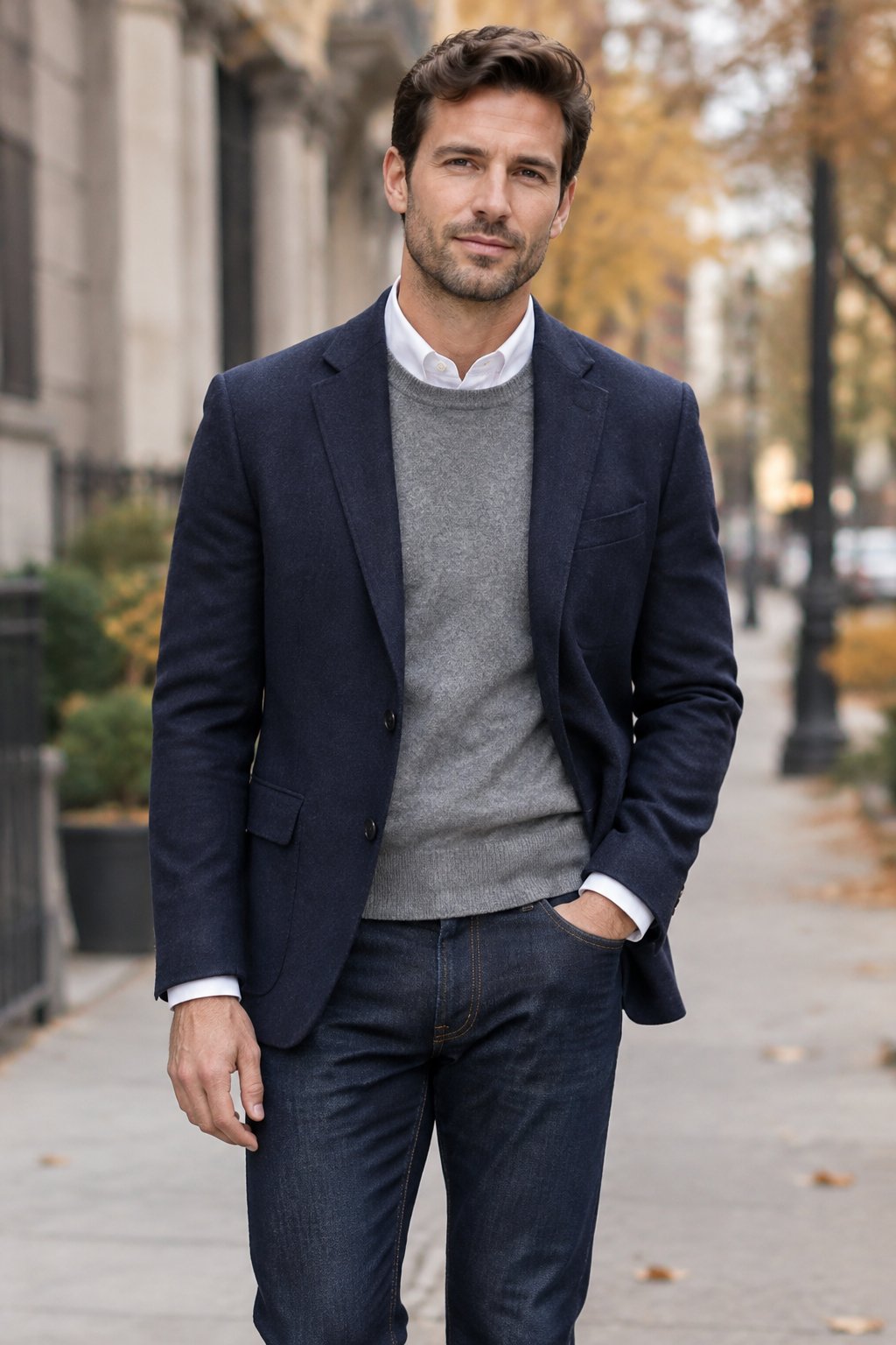A man wearing a navy blazer, gray sweater, white shirt, and dark jeans.