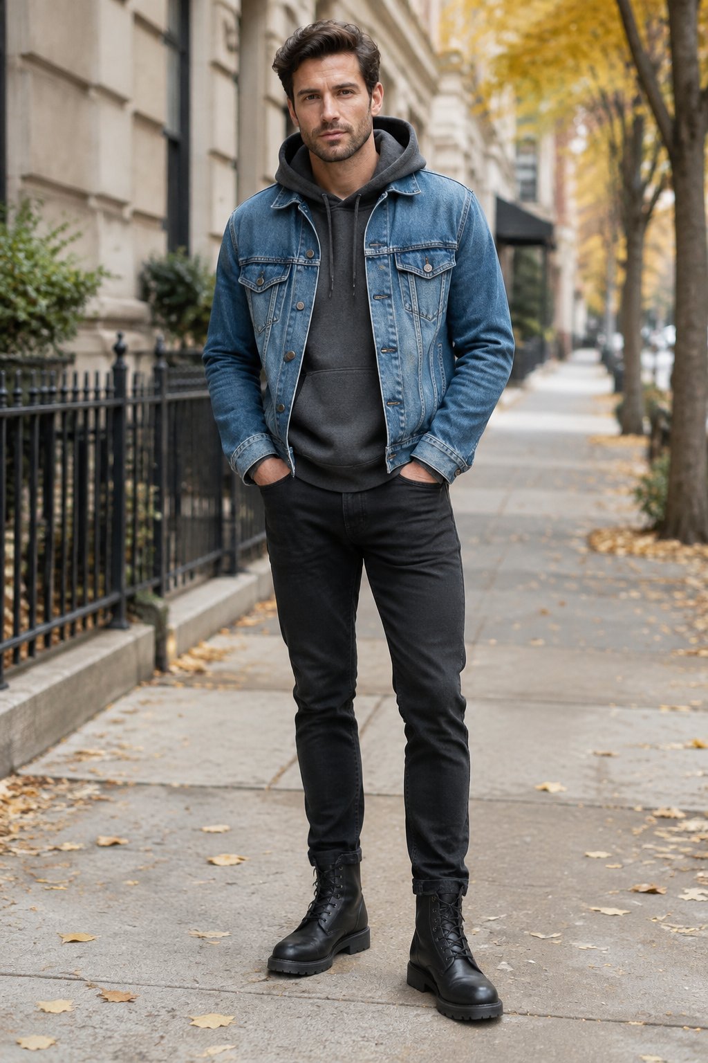 A man stands on a sidewalk wearing a denim jacket over a gray hoodie, black jeans, and combat boots.