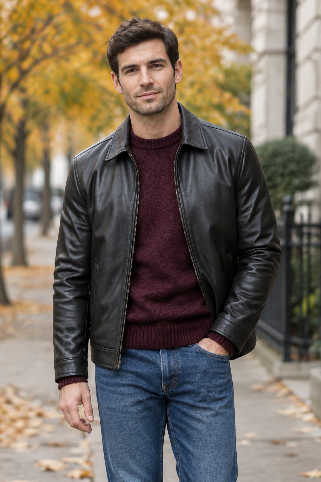A man wearing a black jacket, burgundy sweater, and blue jeans on a city sidewalk.