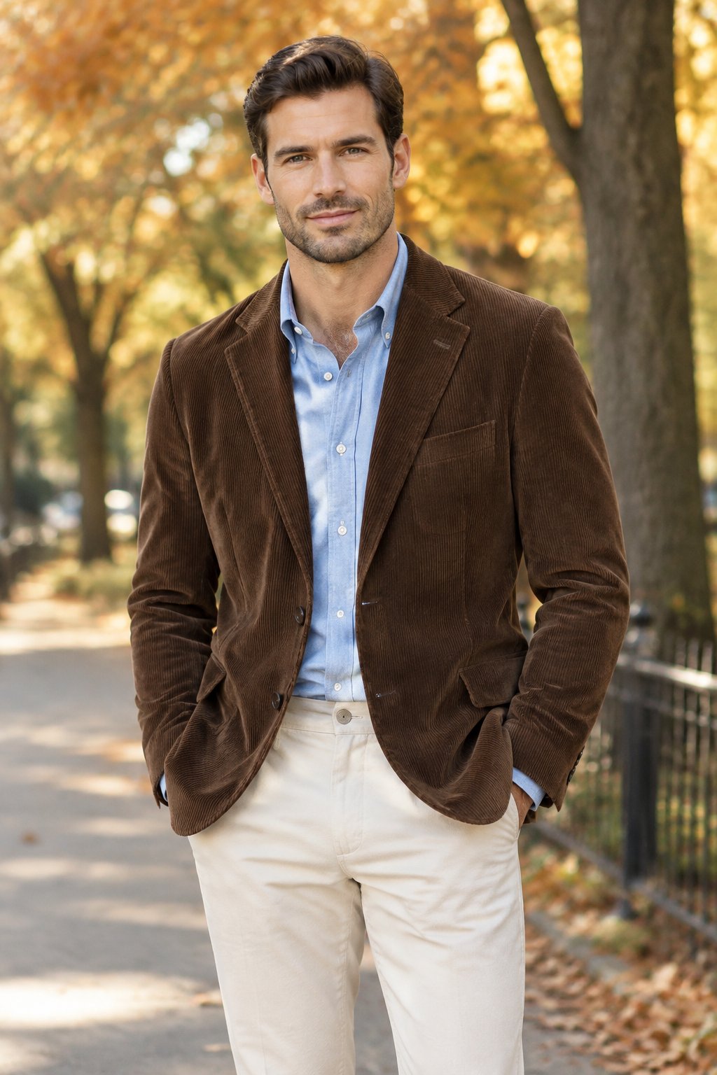 A man wearing a brown blazer, blue shirt, and cream trousers outdoors.