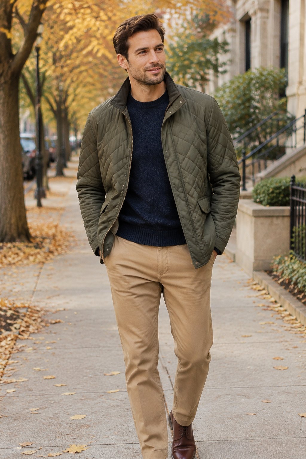 A man wearing an olive quilted jacket, navy sweater, and tan chinos on an autumn sidewalk.
