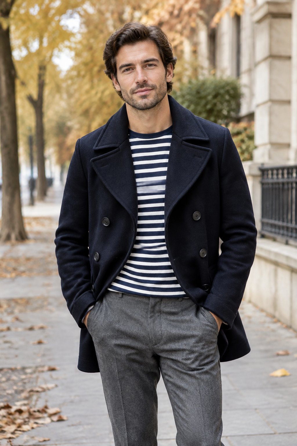 A man in a navy coat, striped shirt, and gray trousers stands on an autumn sidewalk.