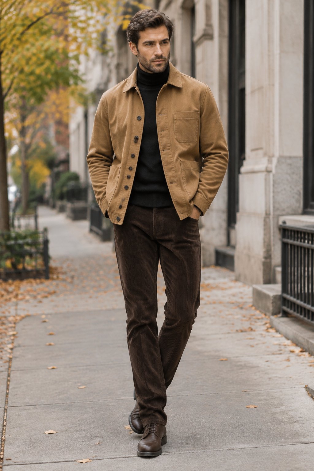 A man stands outdoors wearing a tan coat, black turtleneck, and dark trousers.