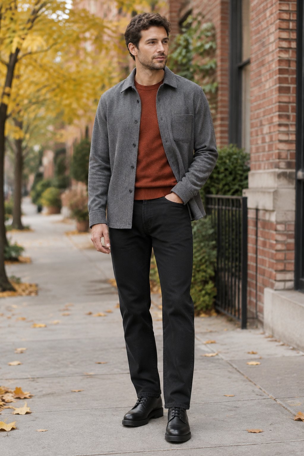 A man stands on a city sidewalk wearing a gray overshirt, rust sweater, and black jeans.