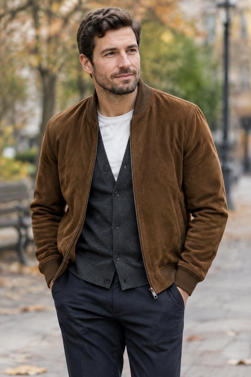 A man stands outdoors wearing a brown jacket, white shirt, gray cardigan, and dark trousers.