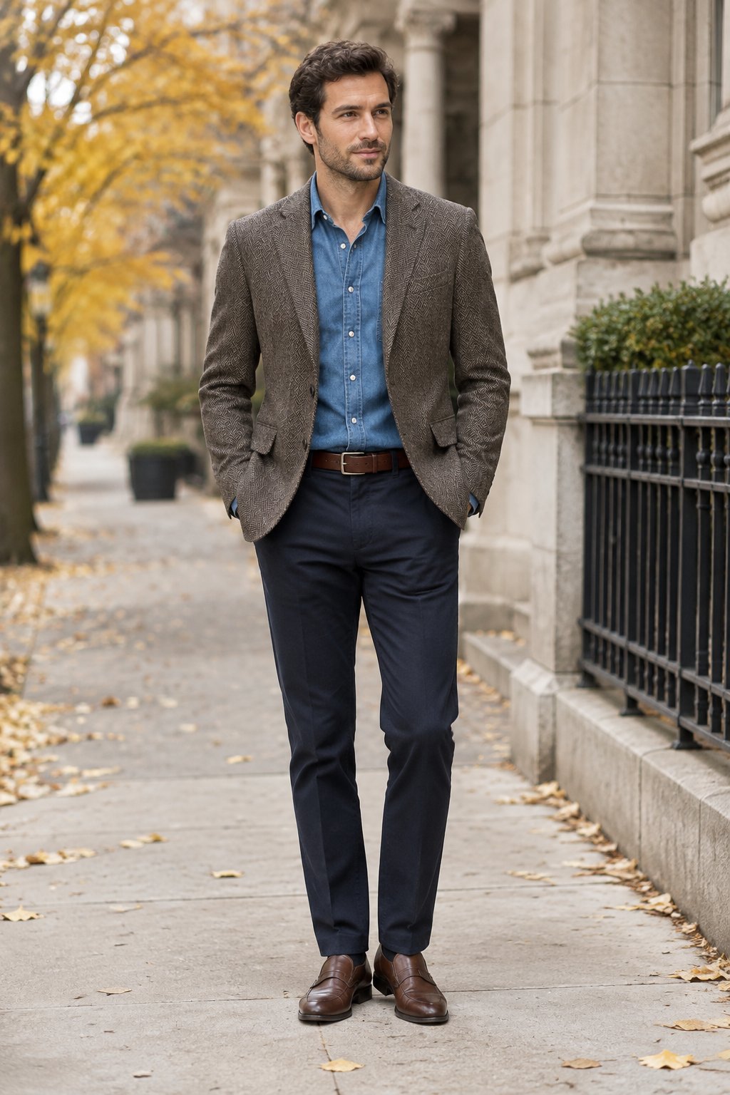 A man stands on a sidewalk wearing a blazer, blue shirt, and dark trousers.