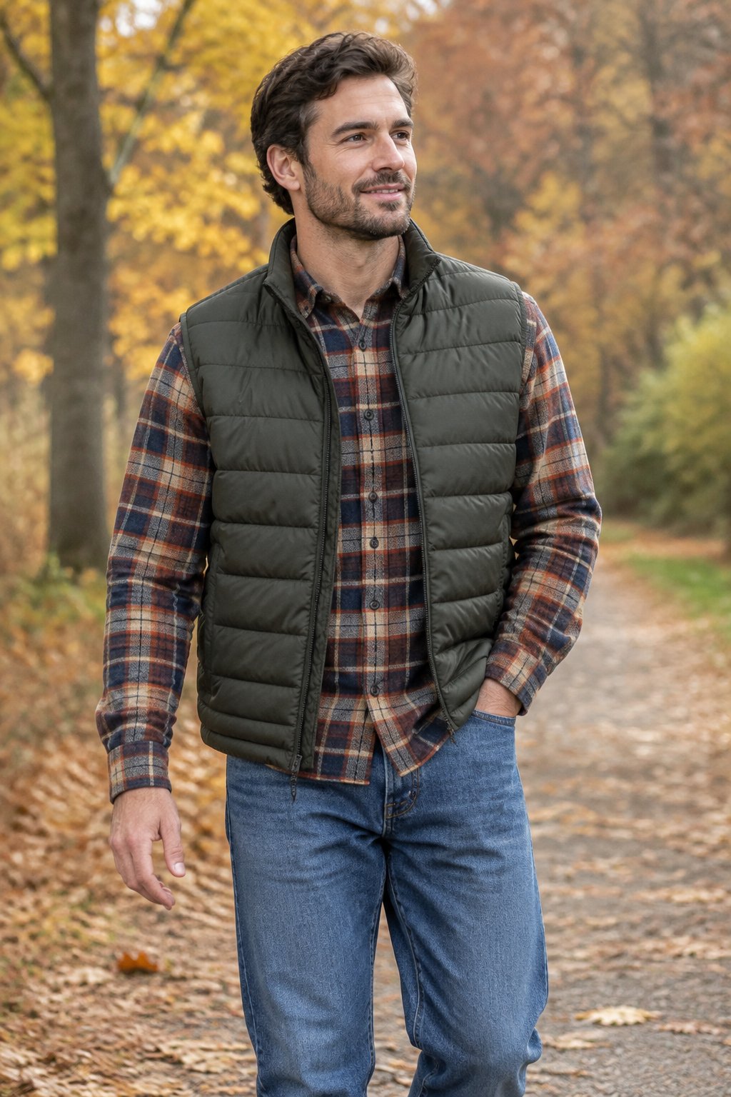 A man in a puffer vest, plaid shirt, and jeans stands on a tree-lined path.