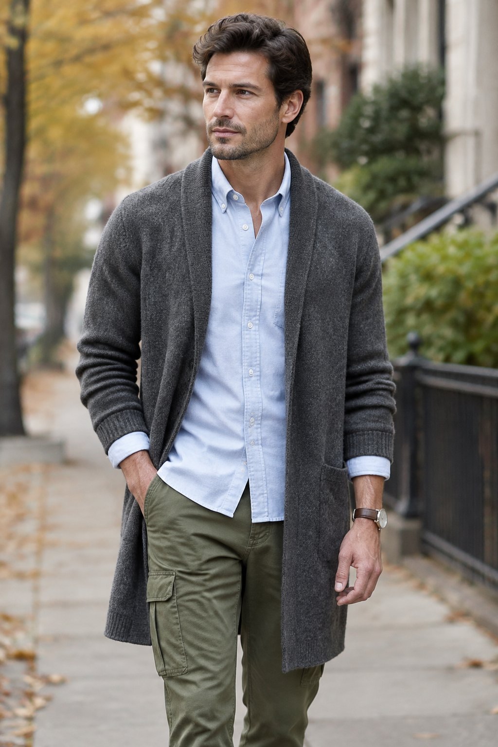 A man wears a long gray cardigan, a light blue shirt, and olive-green pants.