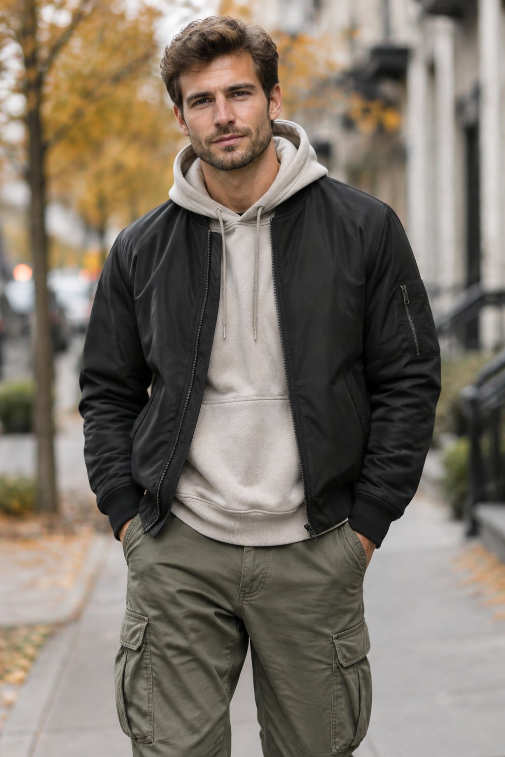 A man wearing a black jacket, a light-colored hoodie, and cargo trousers outdoors.
