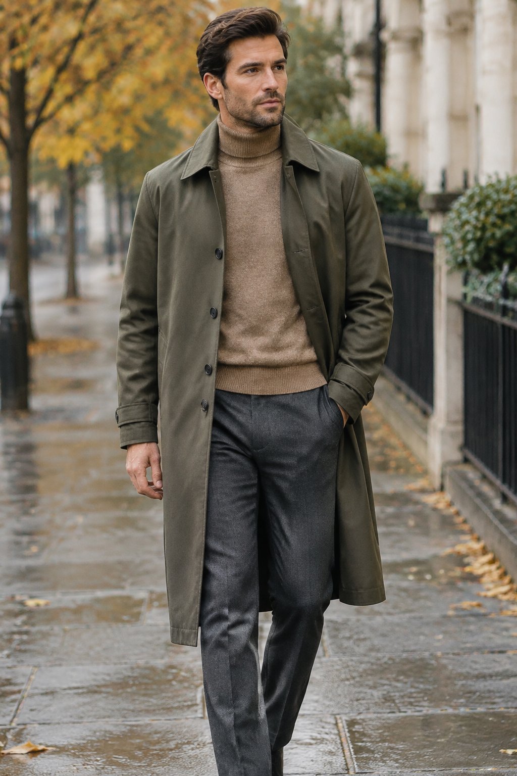 A man wearing a raincoat, turtleneck, and wool trousers on a city sidewalk.