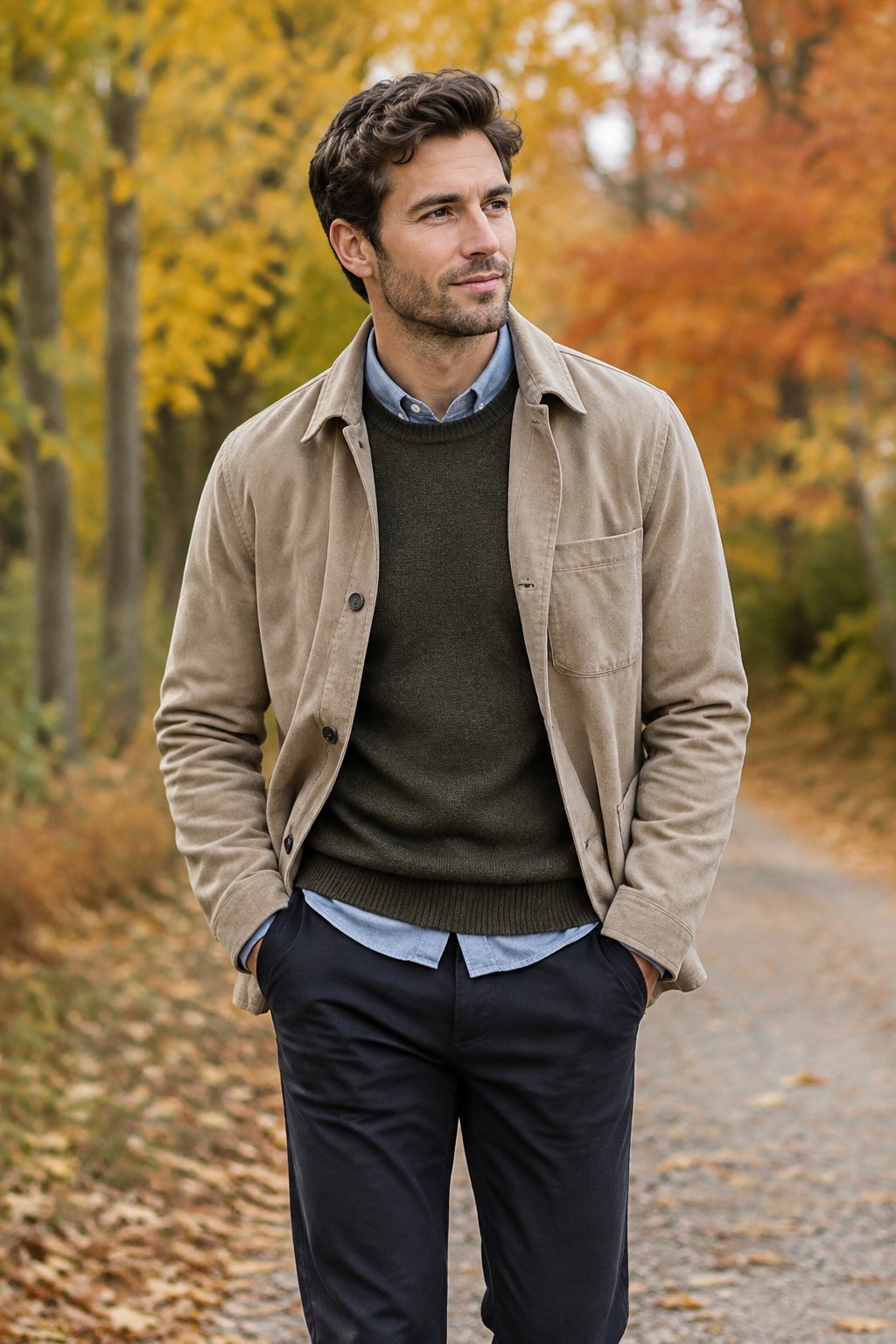 A man wearing layered clothes stands on a tree-lined path in autumn.
