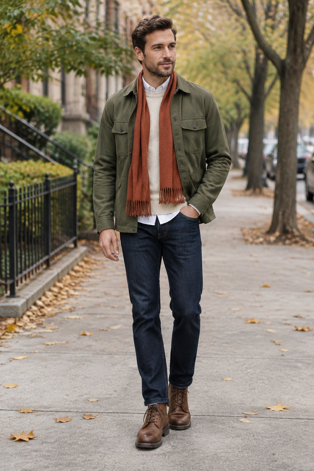 A man in layered fall clothing stands on a sidewalk beneath autumn trees.