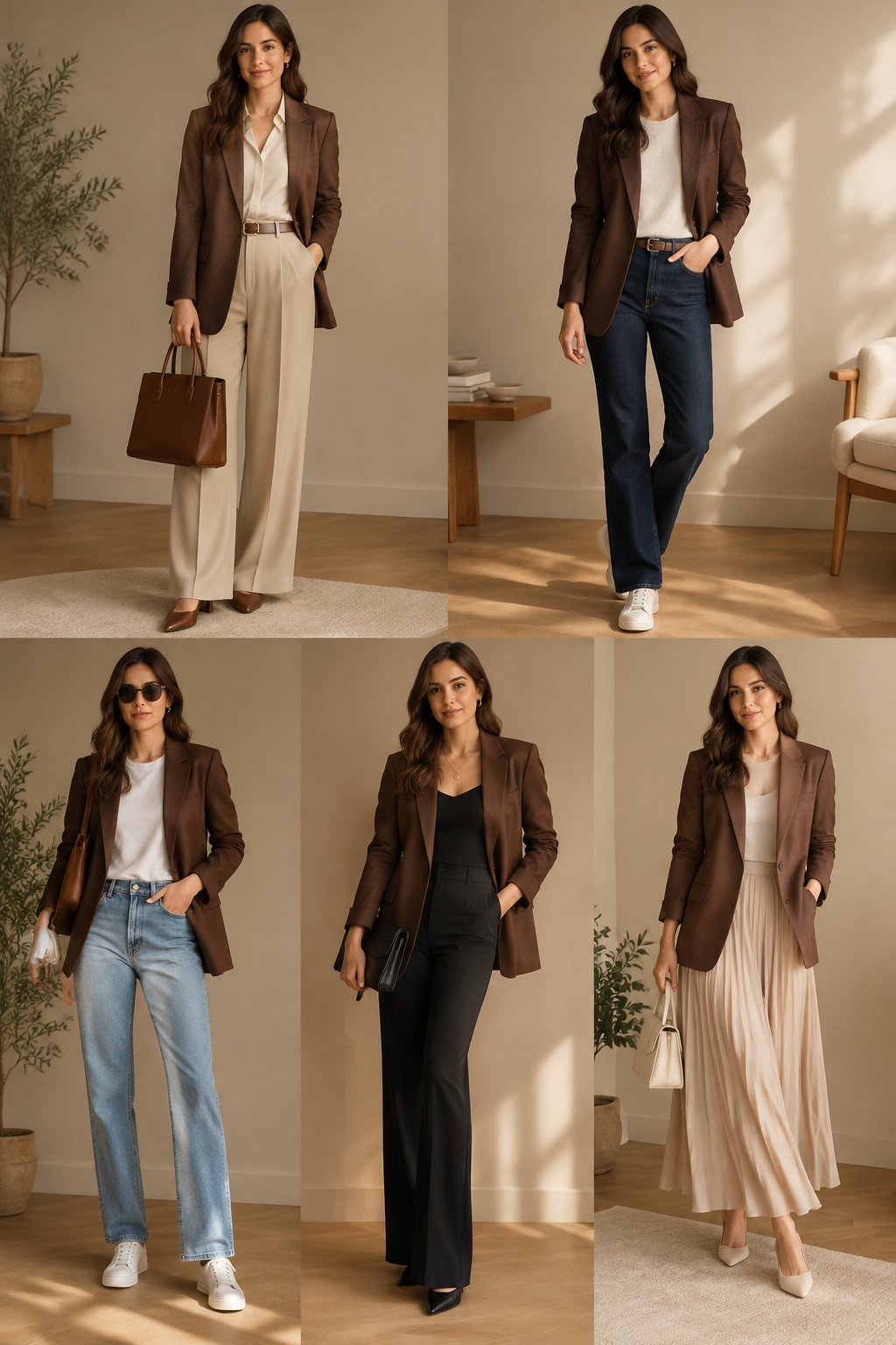 A woman wearing a brown blazer with several coordinated outfit options arranged around her.