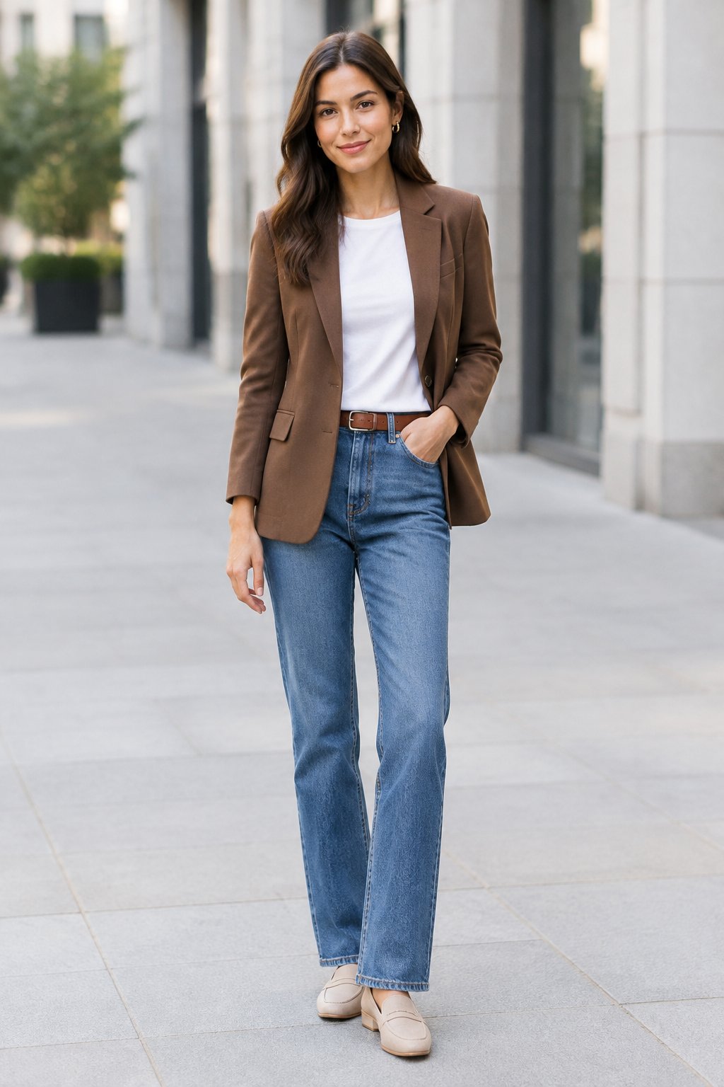 A woman wearing a brown blazer, white T-shirt, and straight-leg jeans.