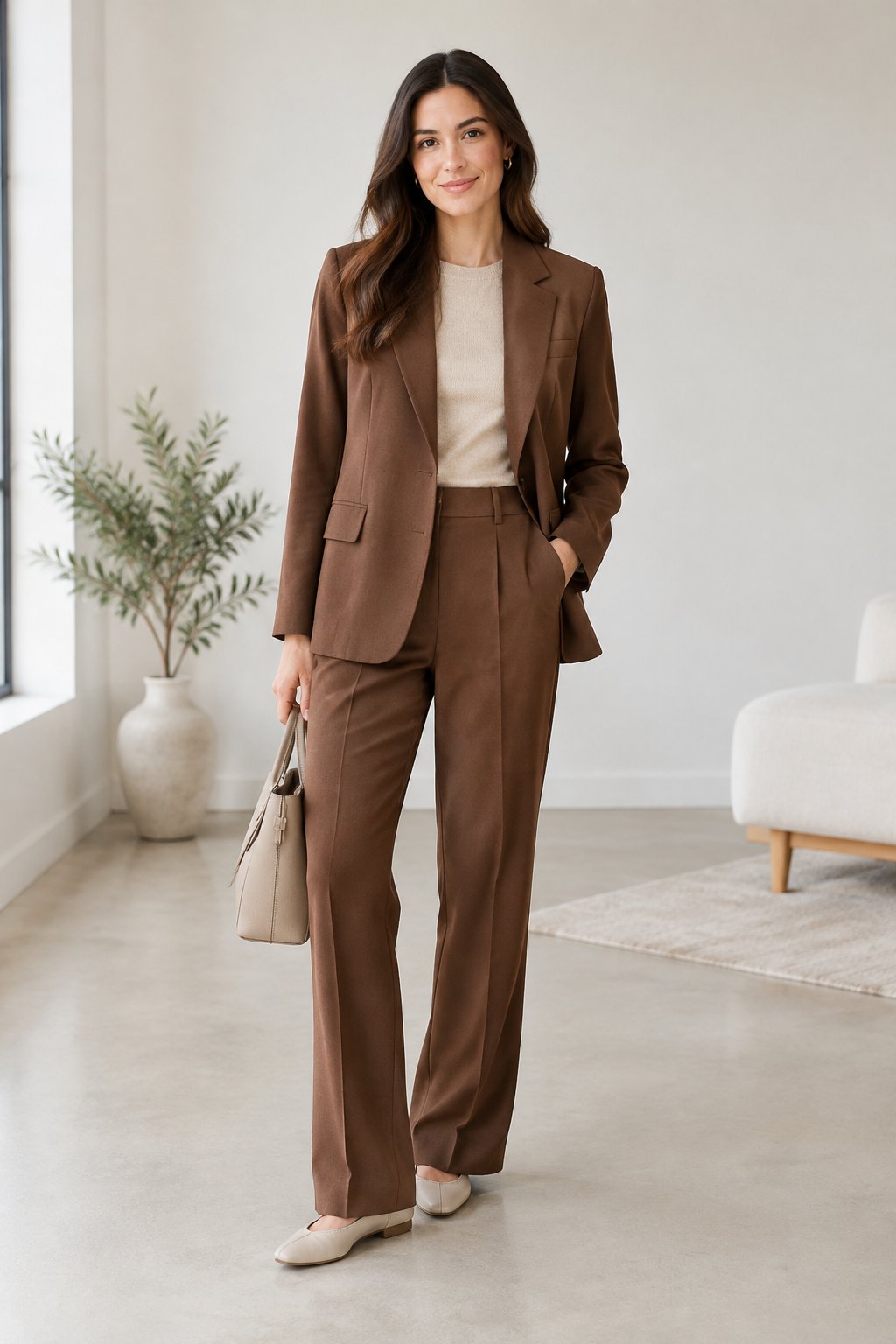 A person wearing a brown blazer, knit top, and tailored trousers.