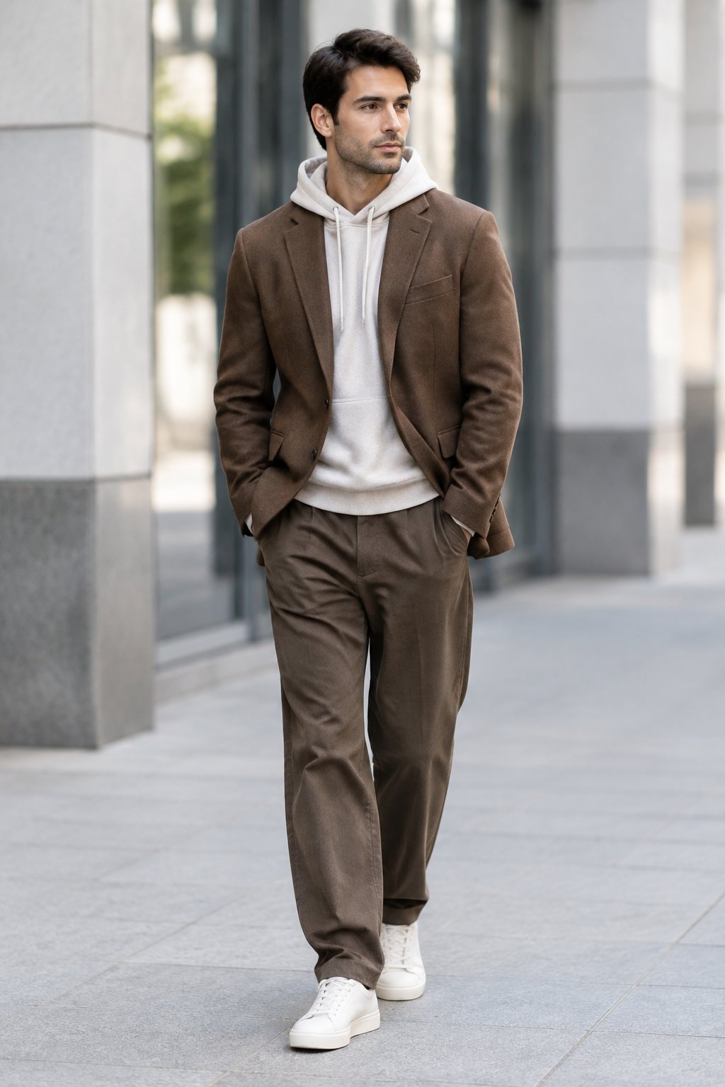 A person wears a brown blazer, hoodie, and relaxed trousers on a city street.