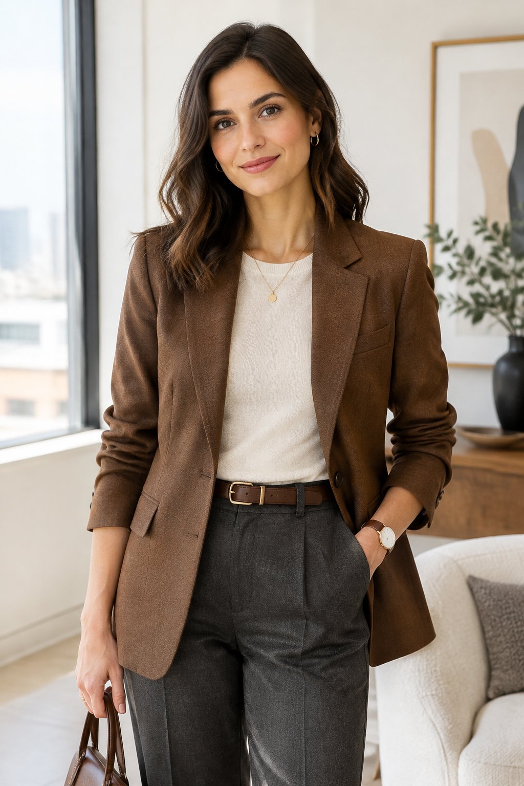 A person wearing a brown blazer with neutral clothing and subtle accessories.