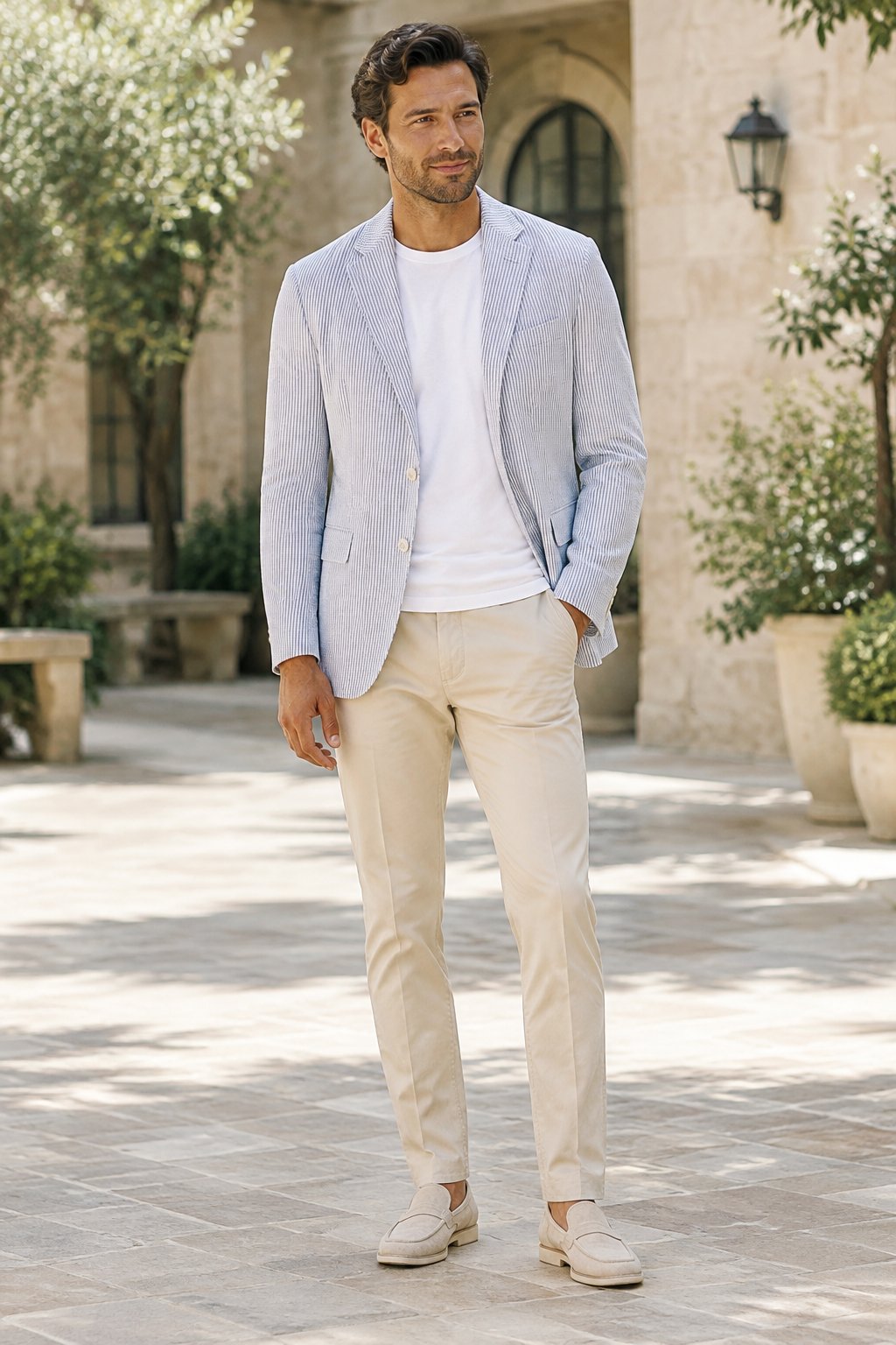 A man in a blazer, white T-shirt, chinos, and loafers stands in a sunny courtyard.