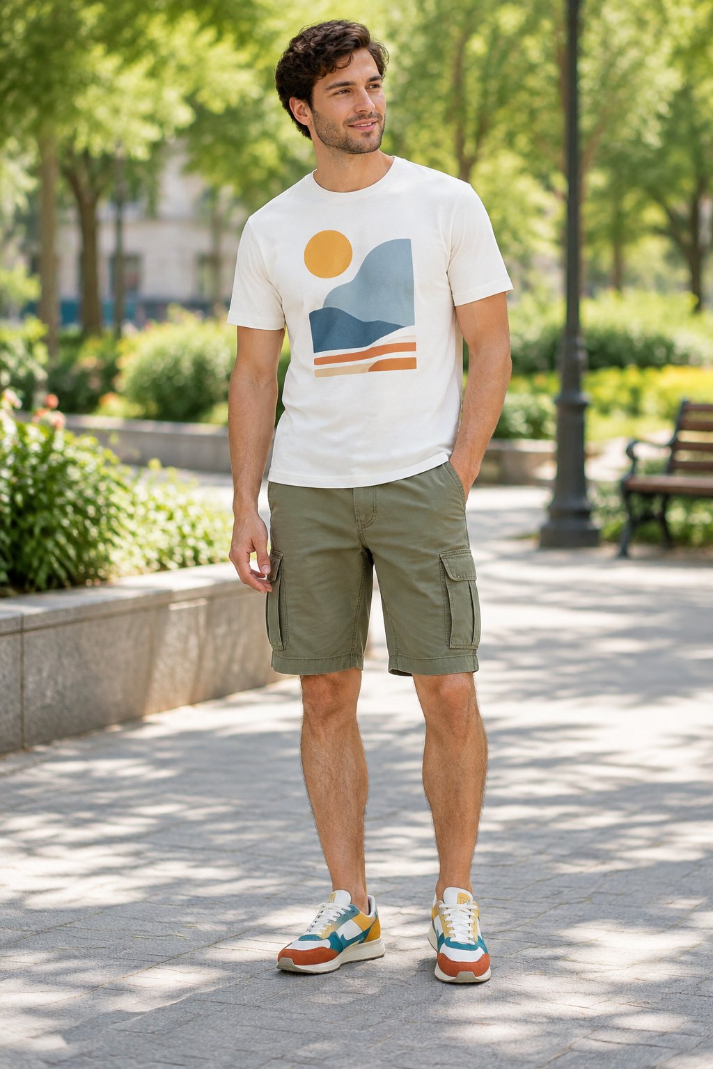 A man wearing a graphic T-shirt, cargo shorts, and sneakers outdoors.