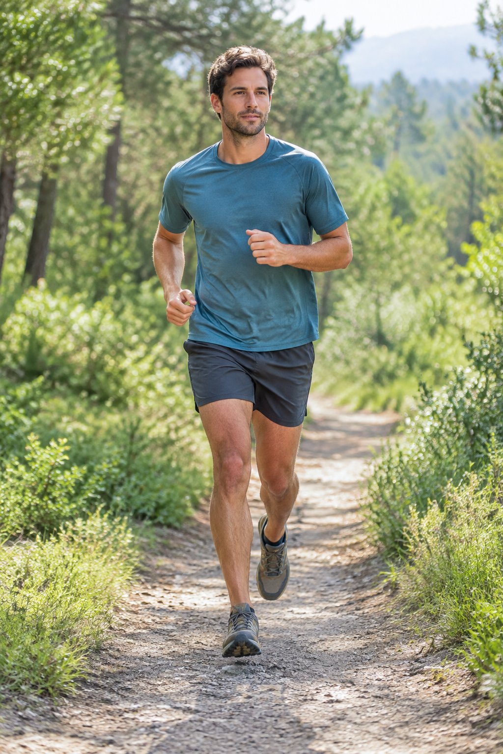 A man jogs along a wooded trail wearing a T-shirt, running shorts, and trail shoes.