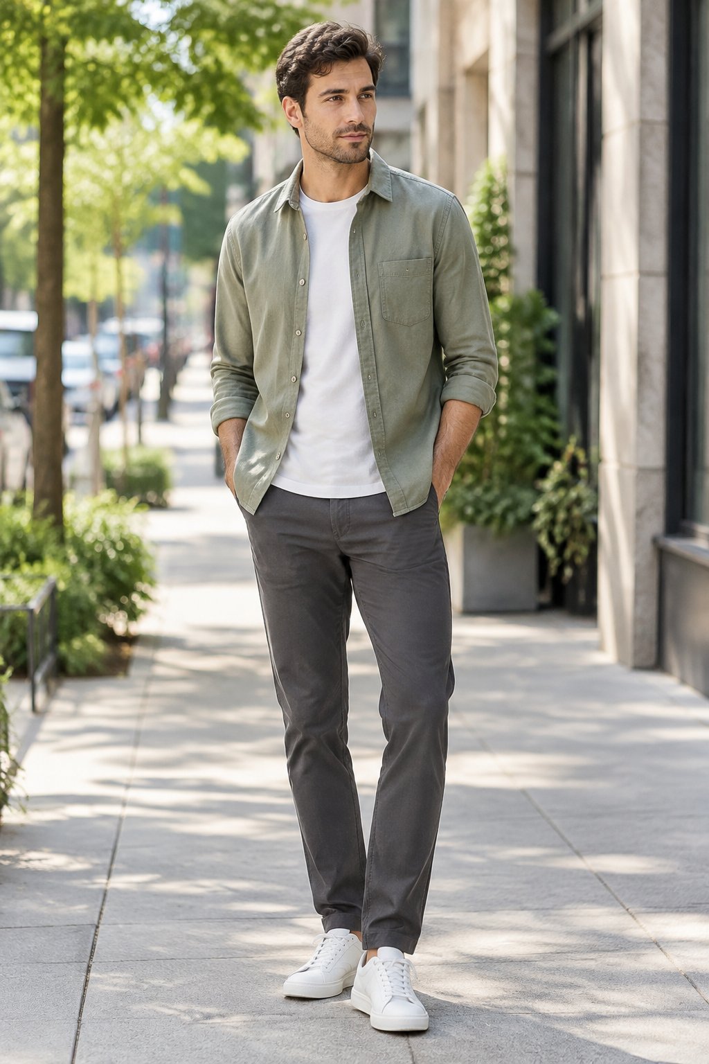 A man wearing an overshirt, crewneck T-shirt, tapered pants, and sneakers on a city sidewalk.