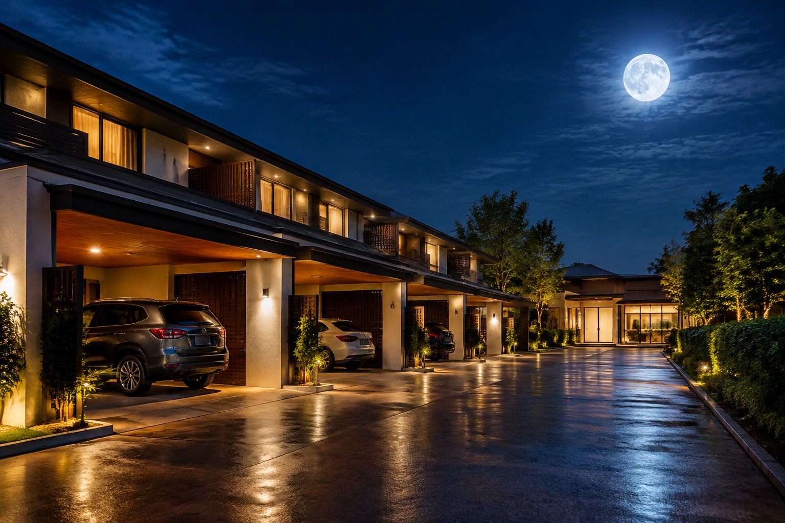 Un hotel moderno con estacionamiento cubierto y varios autos bajo la luz de la luna.