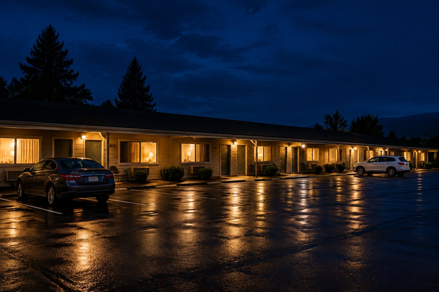 Un motel junto a una carretera por la noche, con habitaciones iluminadas y coches estacionados.
