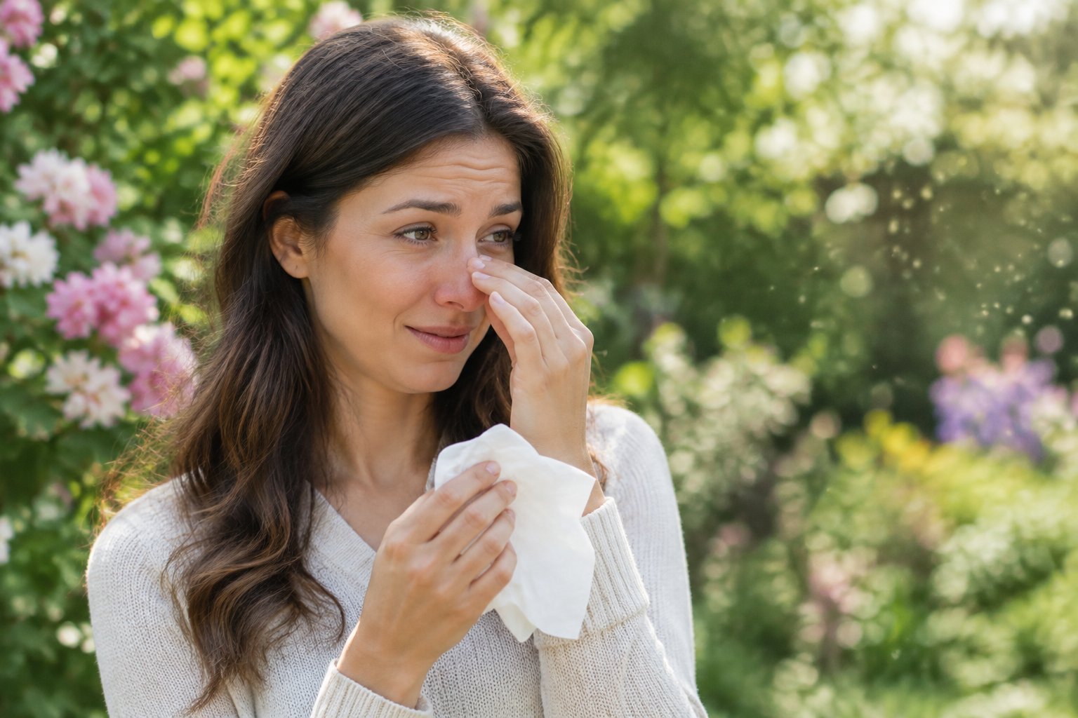 An adult outdoors in a garden holds a tissue while rubbing their nose.