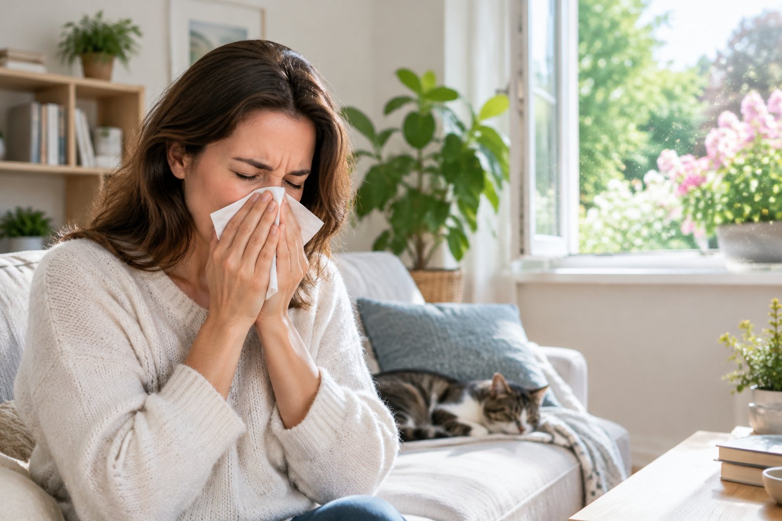 A woman sneezes into a tissue near a cat and flowering plants.