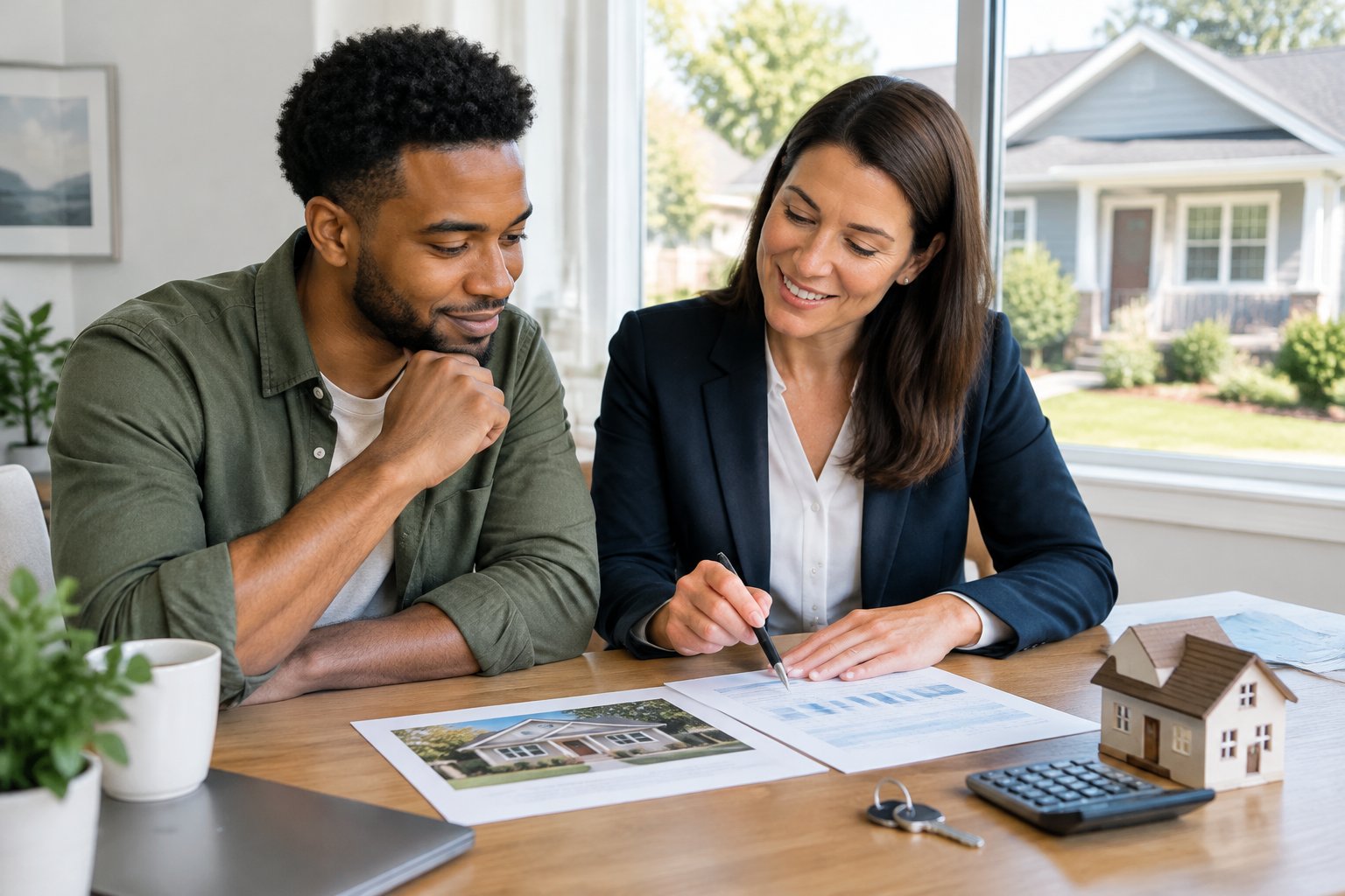 A beginner investor and a real estate professional review property information at a table.