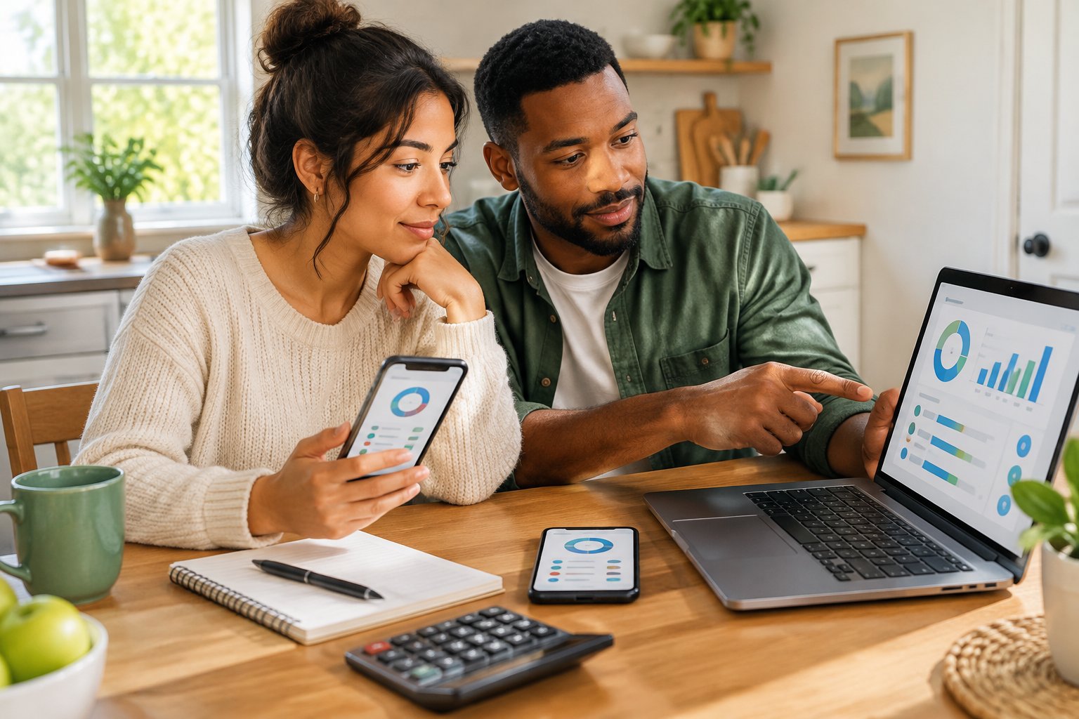 A couple reviews budgeting charts on their phones and laptop at a kitchen table.