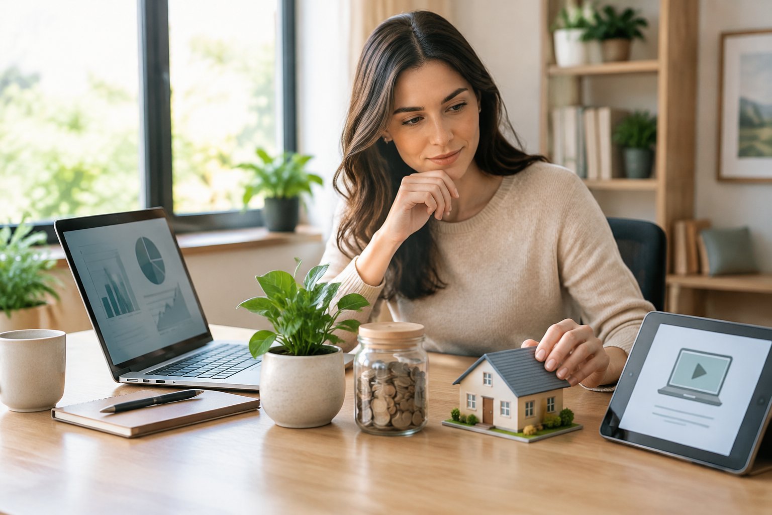 An entrepreneur reviews a laptop beside a miniature house, a plant, and a coin jar.