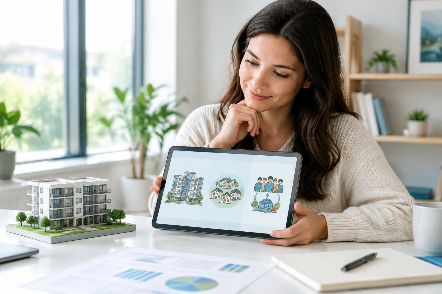 A person compares three real estate investment options on a tablet beside a model apartment building.