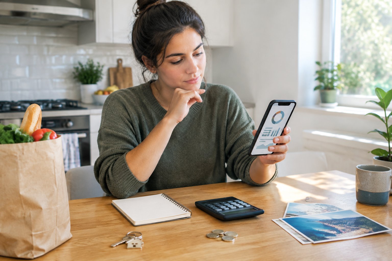 A young adult reviews a budgeting app on a smartphone at a kitchen table.
