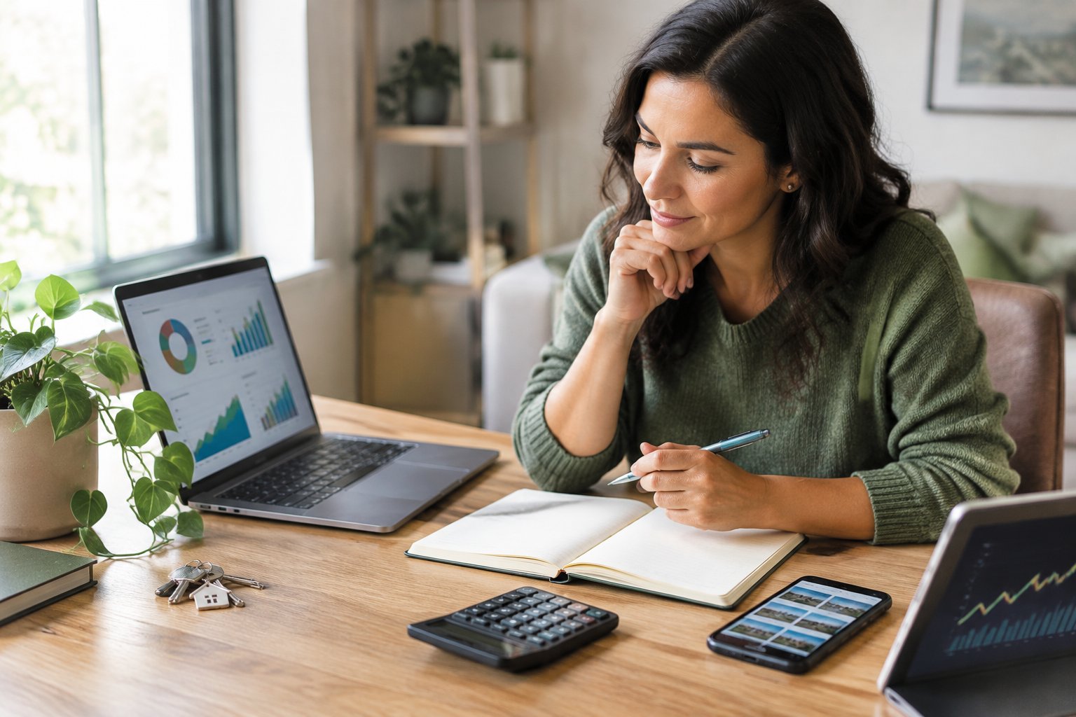 A person reviews a financial plan at a desk with a laptop, calculator, and notebook.